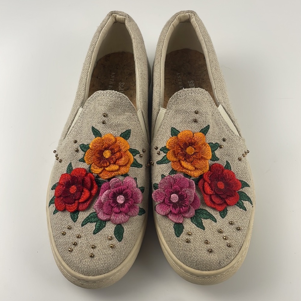 Soludos x Anthropologie | embroidered bahia floral slip on neutral boat shoe 10 - Picture 3 of 11